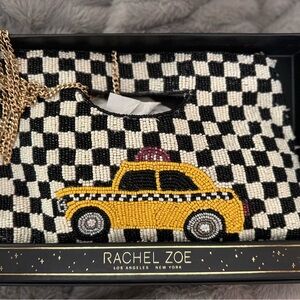 NWT Beaded Black & White Checkerboard Yellow Taxi Clutch/removable crossbody